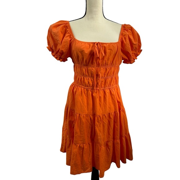 SHEIN Dresses & Skirts - Shein Orange Puff Sleeves Cottage Fit Flare Cinched Waist Mini Dress